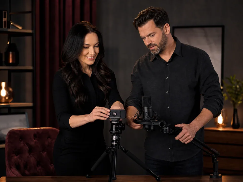 Adult couple setting up a webcam and microphone