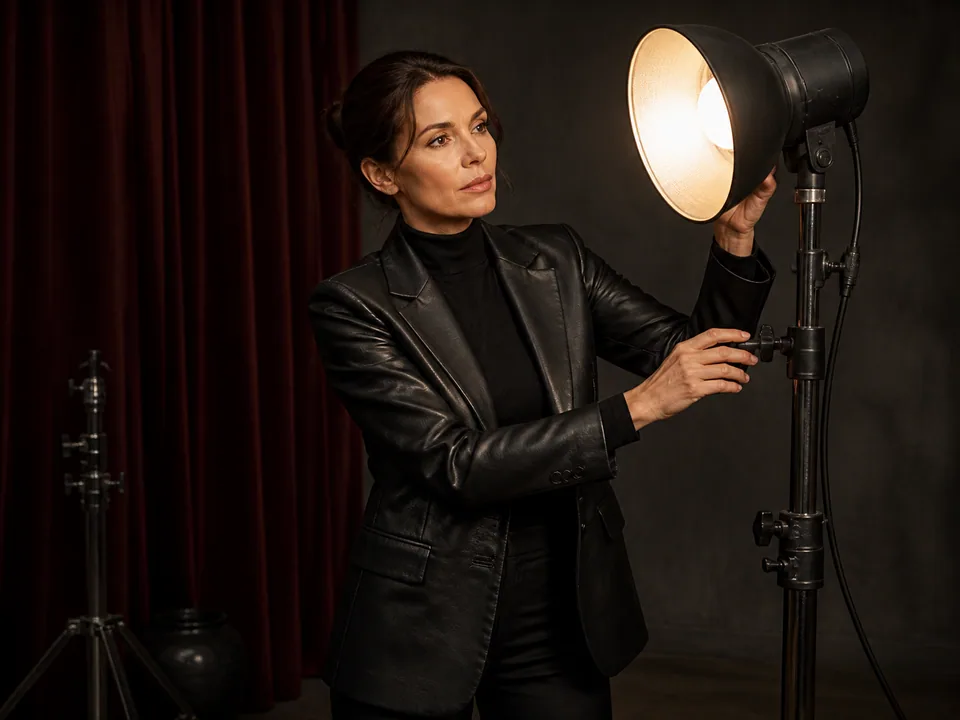 Adult creator in a leather blazer adjusting a studio light
