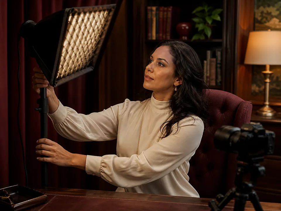 Adult creator adjusting a professional studio light