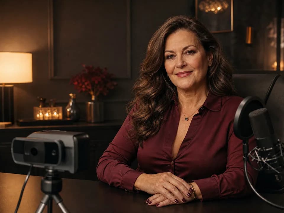 Adult creator seated beside a webcam and microphone