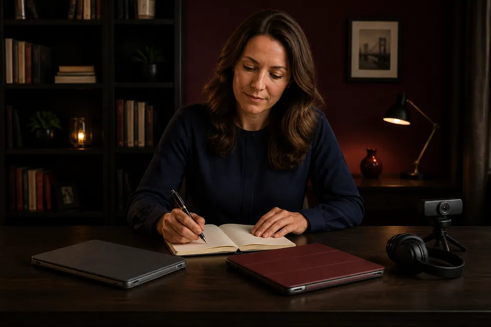 Adult user comparing devices and writing notes at a desk