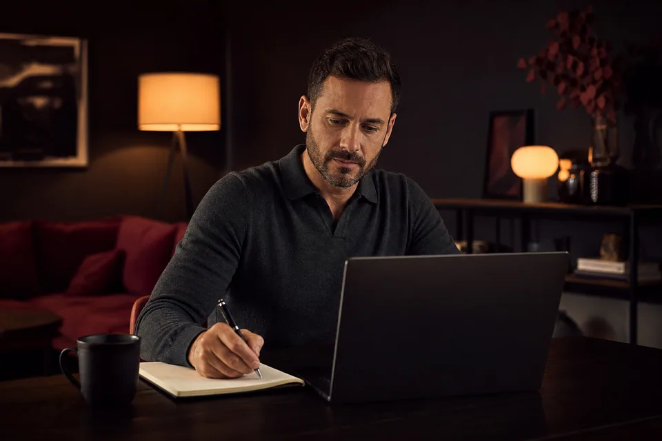 Adult viewer taking notes while researching an online video service