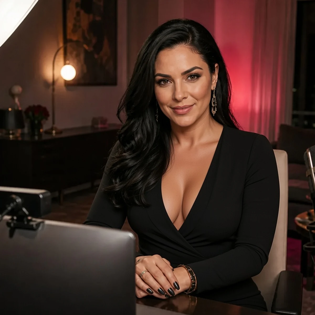 Woman seated at a laptop in a softly lit webcam studio