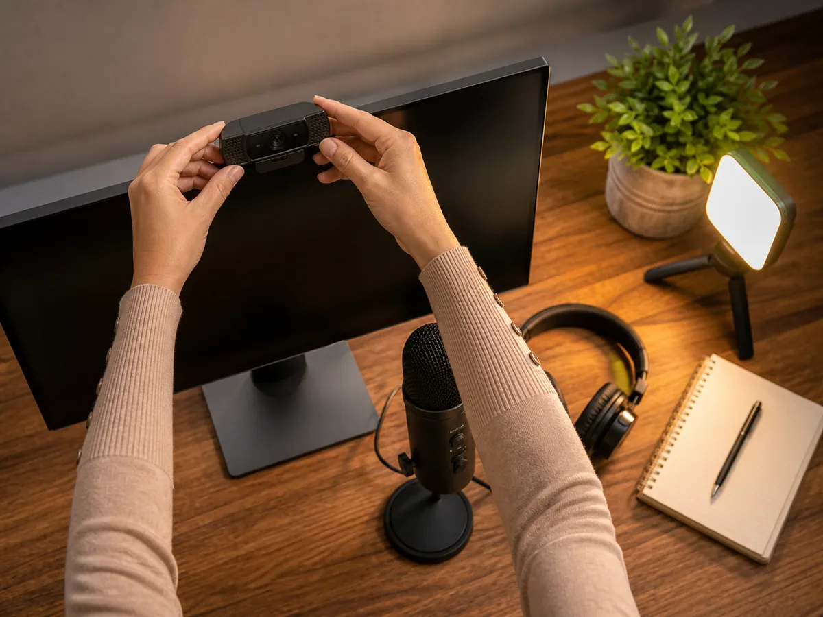 Webcam, microphone, headphones, light and notebook arranged on a desk