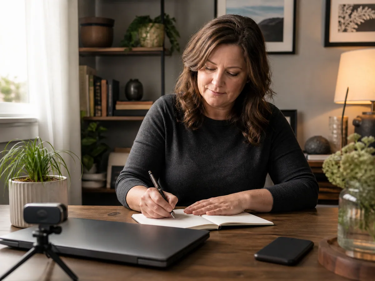 Adult creator reviewing a privacy checklist beside a covered webcam